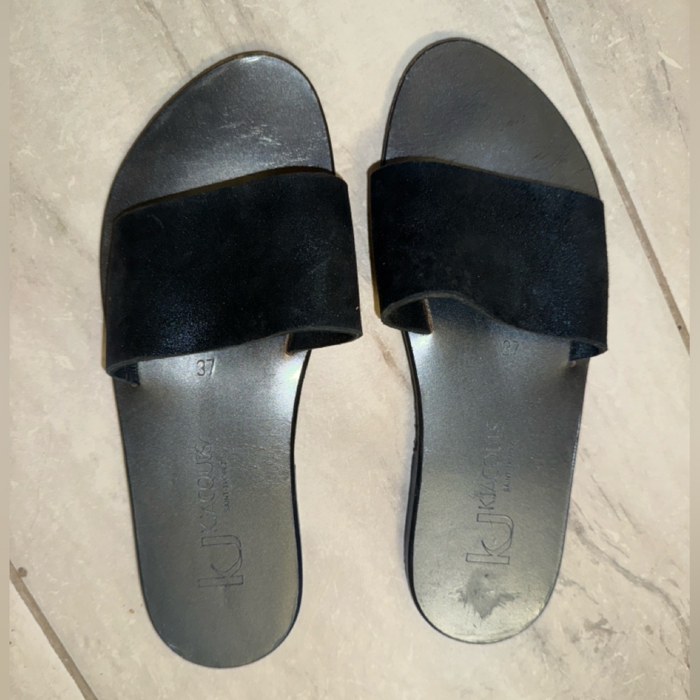 K.JACQUES Saint-Tropez Arezzo Black Leather Sandal Slides Size 37 $305